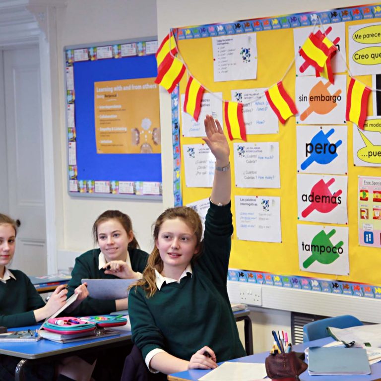 student raising their hand in class